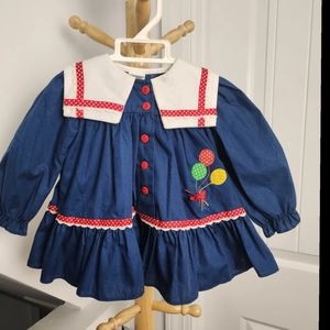 Vintage 80s 90s Baby Girls Dress Size 12 Months Blue Collared Prairie Balloons